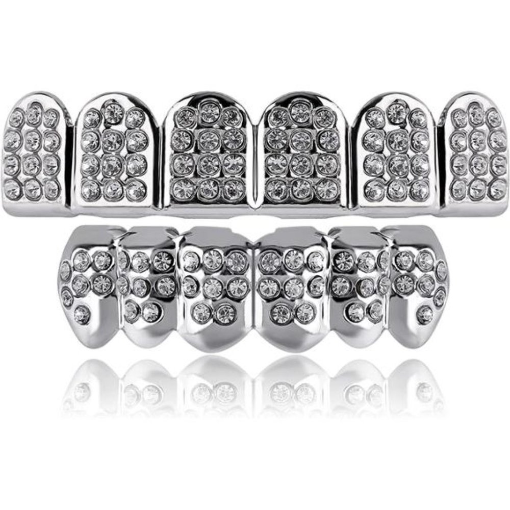 18K Plated Gold Grills Teeth Grillz Men Iced Out Hip Hop Diamond Top & Bottom